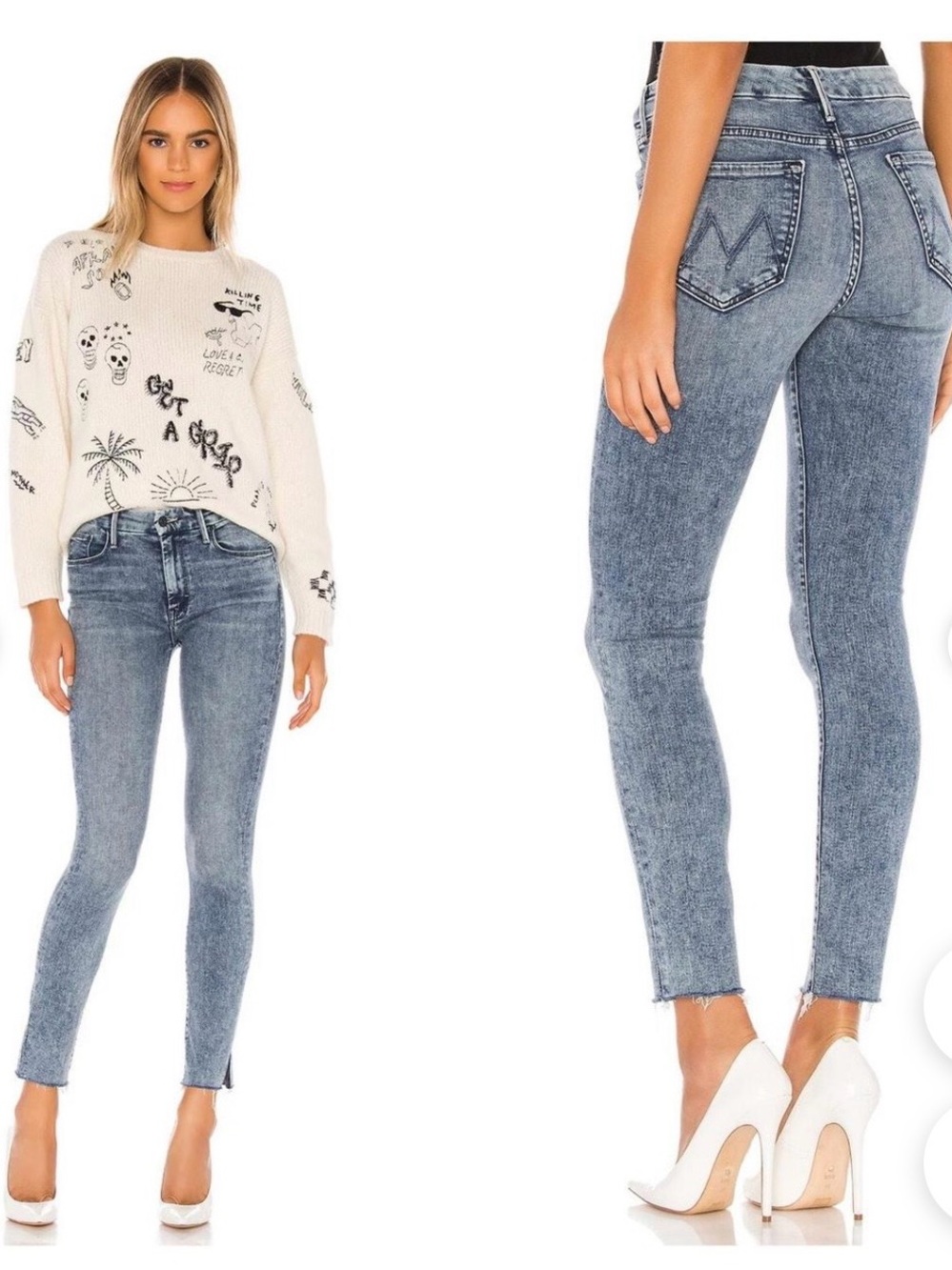 MOTHER The Looker Sacred Slit Cropped High-Rise Acid Wash Jeans - Light Blue